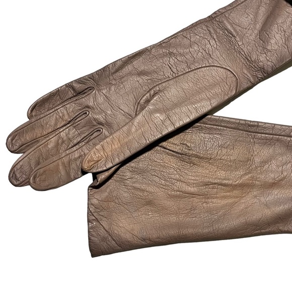 Vintage Taupe Kid Leather Elbow Length Long Gloves with Silk Lining - Picture 3 of 9